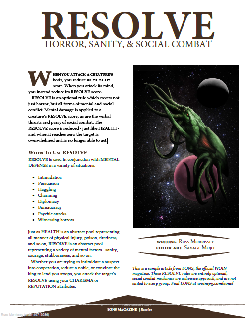 RESOLVE: Horror, Sanity, & Social Combat (WOIN)